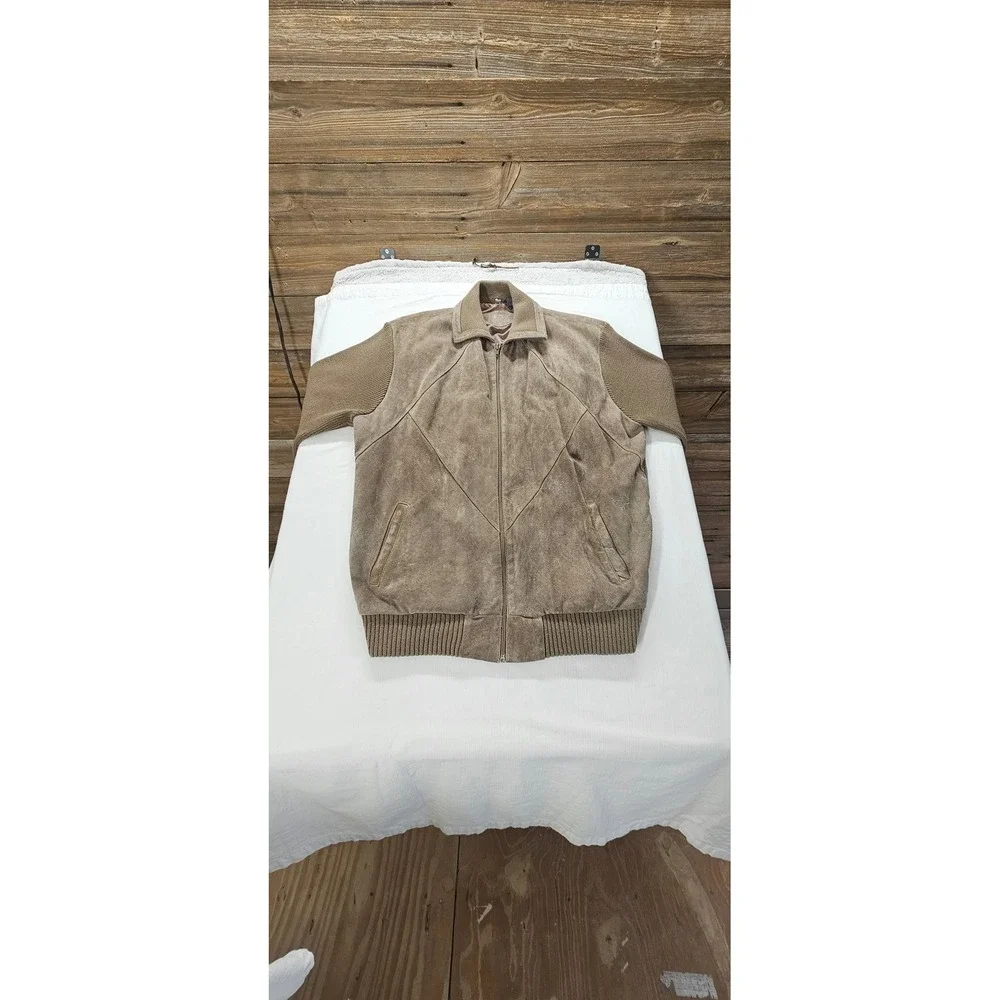 Vintage Leather Suede Knit Bomber Jacket Mens XLT Brown Full Zip Mixed Media